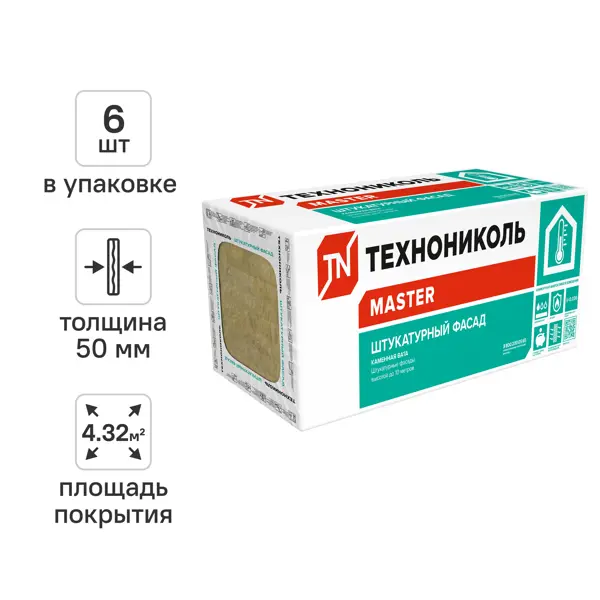 Утеплитель Технониколь Штукатурный Фасад 50 мм 6 шт 600x1200 мм 4.32 м²