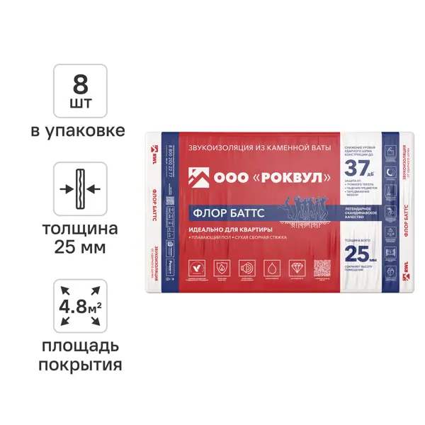 Звукоизоляция Роквул Флор Баттс 25 мм 8 шт 600x1000 мм 4.8 м²
