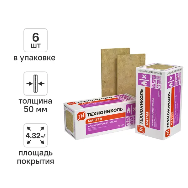 Утеплитель Технониколь ВентФасад 50 мм 6 шт 600x1200 мм 4.32 м²