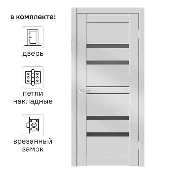 Дверь межкомнатная остекленная с замком и петлями в комплекте Линеа 6 90x200 см HardFlex цвет платина светлая