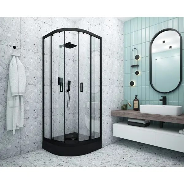 Душевая ширма Apart Black Метакам 1/4 круга 80x80x185см цвет профиля черный раздвижная стекло 4мм прозрачное