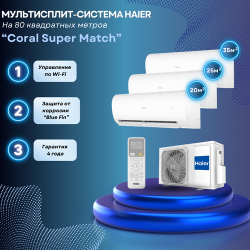 Мультисплит-система Haier Coral Super Match AS20PS1HRA-M + AS25PS1HRA-M + AS35PS1HRA-M / 5U90S2SS5FA на 3 комнаты 20+25+35 м2