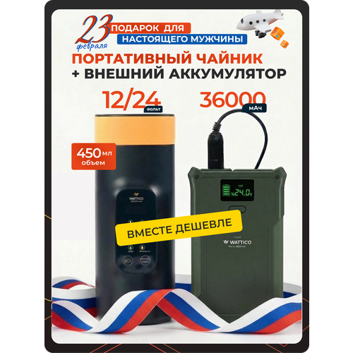 Подарочный комплект для мужчины автомобилиста Портативный Чайник и Внешний аккумулятор